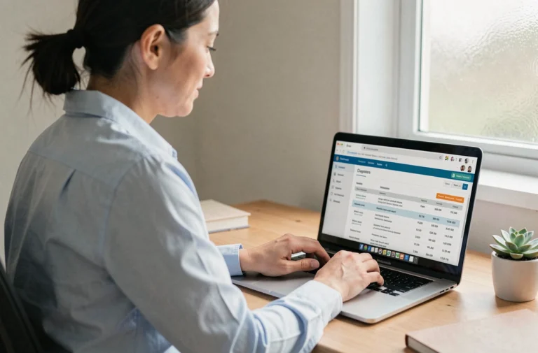 Femme consultant ses bulletins de salaire en ligne sur un ordinateur portable depuis son bureau à domicile