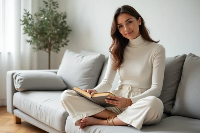 Femme moderne assise sur un canapé en lin avec des bijoux dorés empilés et une tenue minimaliste dans un appartement contemporain