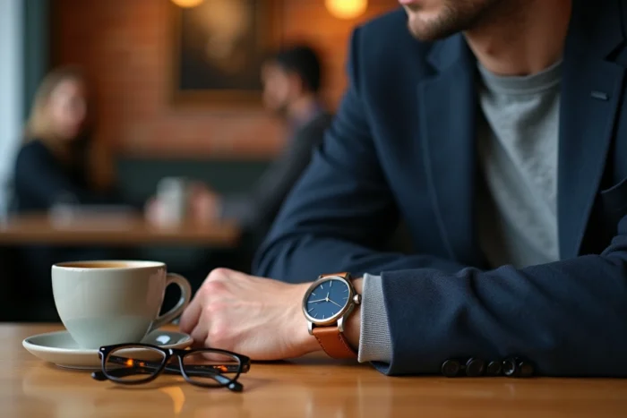 Homme élégant dans un café avec une montre minimaliste et des lunettes en écaille de tortue posées sur une table en bois