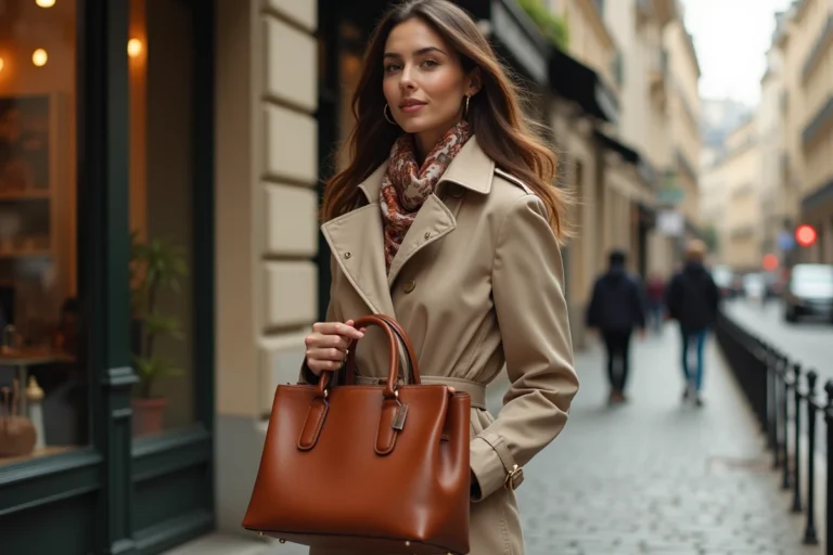 Jeune femme élégante portant un foulard en soie et un sac en cuir cognac dans une rue parisienne pavée