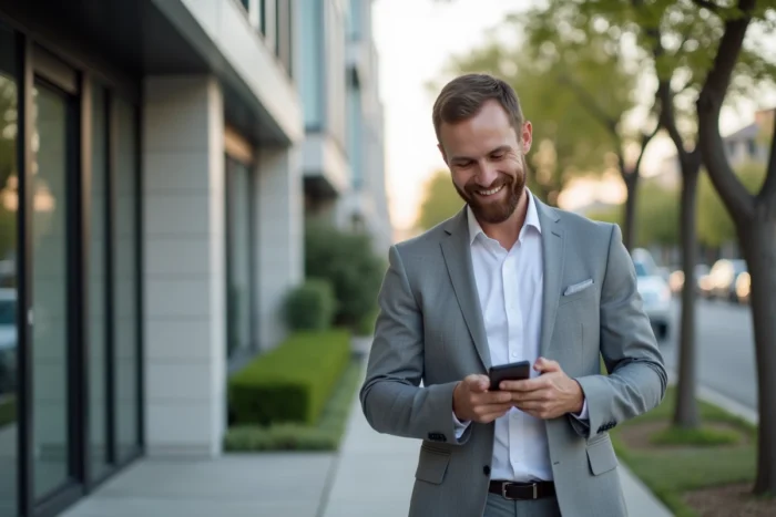 Agent immobilier présentant une annonce en ligne sur smartphone devant un immeuble résidentiel moderne