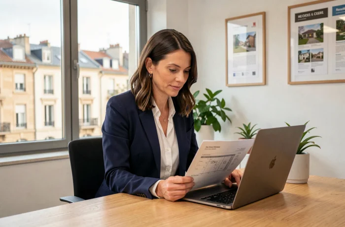 Agente immobilière professionnelle à Lyon consultant des documents pour une estimation gratuite de bien immobilier