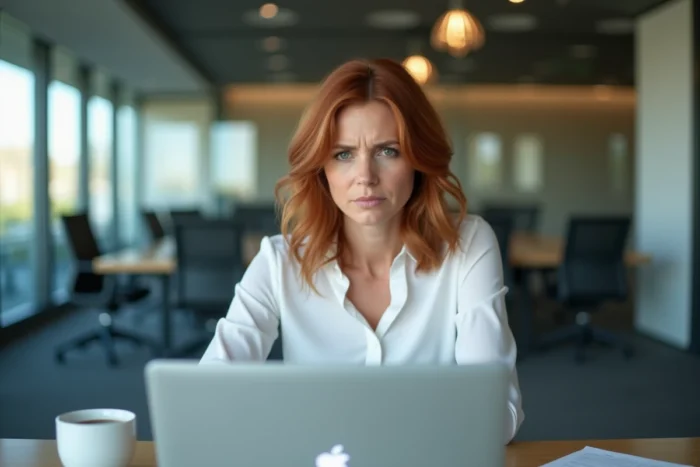 Femme en entreprise identifiant une alerte de phishing sur son ordinateur portable pour éviter une cyberattaque