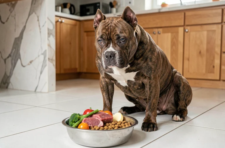 American Bully musclé devant un bol rempli d'une alimentation équilibrée composée de viande crue, légumes et croquettes dans une cuisine moderne