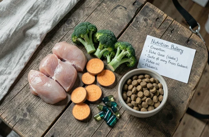 Présentation des aliments recommandés pour l'alimentation saine d'un American Bully incluant viande crue, légumes et compléments nutritionnels