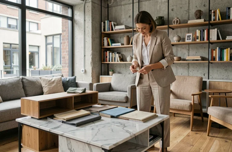 Femme consultant des échantillons de matériaux dans un salon moderne réaménagé avec des solutions personnalisées