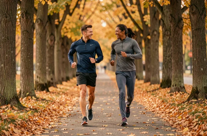 Deux amis faisant du jogging ensemble dans un parc en automne pour améliorer leur forme physique et leur bien-être