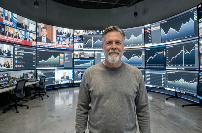 Analyste médias devant un mur d'écrans affichant les tendances des médias européens