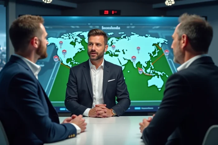Journalistes et analystes sportifs discutant des prochaines destinations possibles d'Eden Hazard devant un tableau tactique numérique mondial