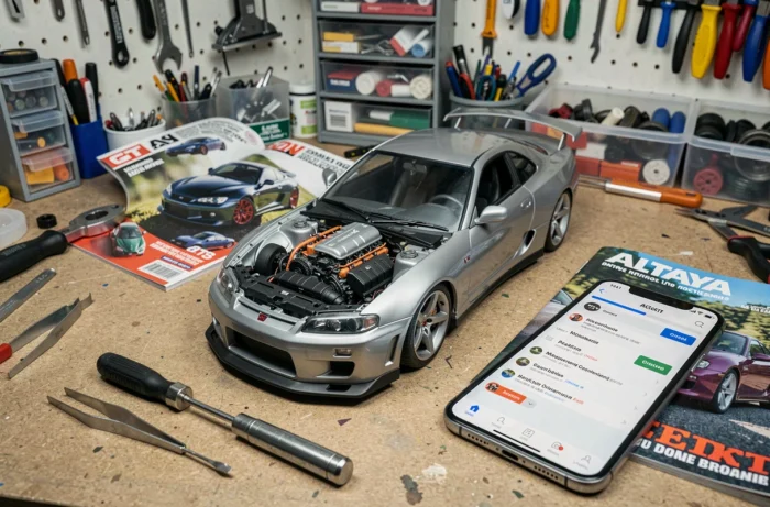 Gros plan sur l'assemblage d'une maquette Nissan Skyline GT-R Altaya avec magazine et application de gestion de compte