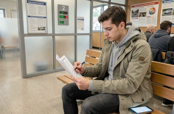 Jeune homme lisant un avis d'amende RATP dans un bureau de service client des transports parisiens
