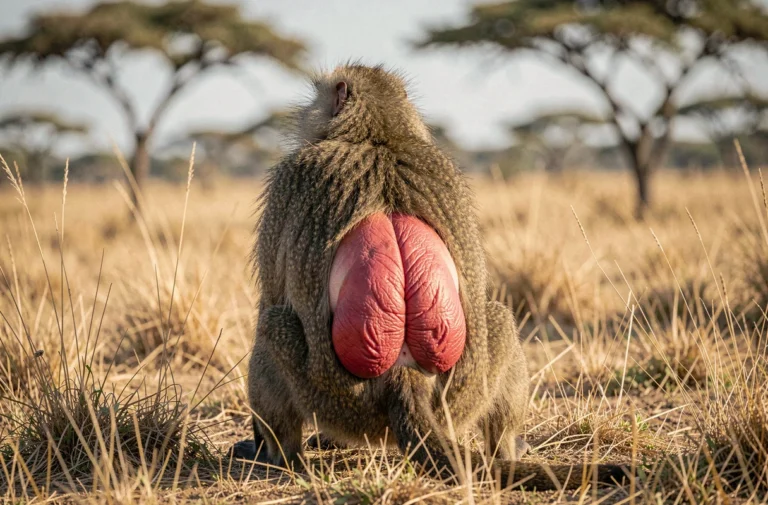 Babouin mâle adulte de dos dans la savane africaine montrant son postérieur rouge distinctif entouré d'herbes sèches et d'acacias