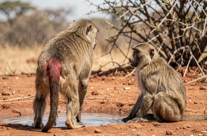 Deux babouins en interaction sociale près d'un point d'eau au Kenya montrant le postérieur rouge caractéristique du mâle dominant