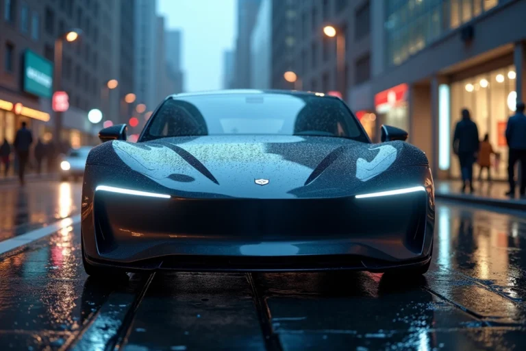 Berline électrique moderne garée dans une rue urbaine sous la pluie, reflétant les tendances automobile actuelles