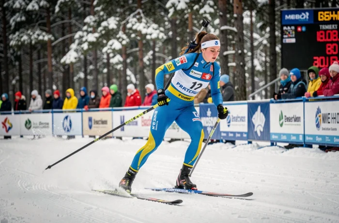 Biathlète féminine en plein effort sur le parcours de ski de fond lors d'une épreuve de biathlon en stade