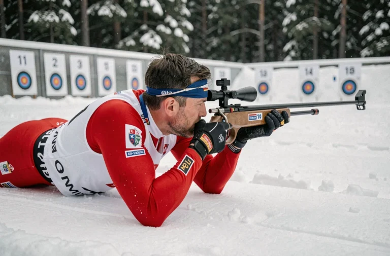 Biathlète en position de tir couché sur un pas de tir enneigé lors d'une compétition officielle de biathlon