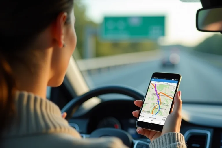 Femme consultant une carte interactive des autoroutes françaises sur smartphone dans une voiture