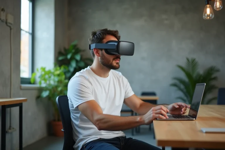 Homme portant un casque de réalité augmentée dans un bureau tech moderne en 2024
