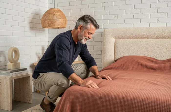 Homme aménageant une chambre tendance avec tête de lit en bouclé, mur en brique blanchie et linge de lit en terracotta