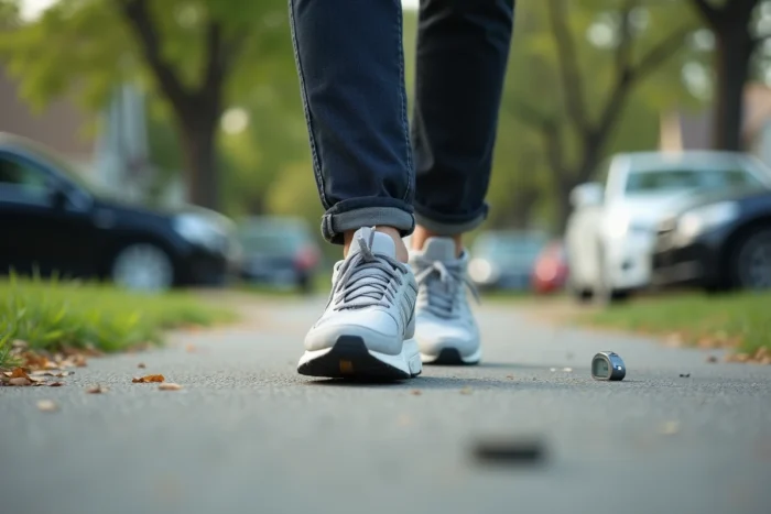 Chaussures de marche portées lors d'une promenade quotidienne dans un quartier résidentiel avec podomètre accroché à la ceinture