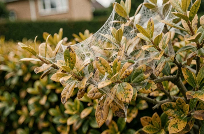 Gros plan sur des chenilles de pyrale du buis tissant leur toile dans un buis endommagé