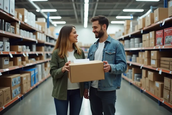 Couple comparant des équipements ménagers dans le rayon d'une grande surface de bricolage