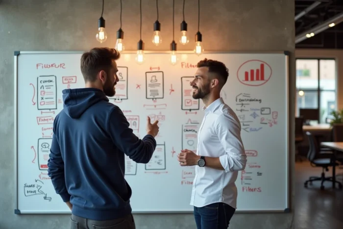 Deux cofondateurs d'une startup tech discutant du développement d'une application mobile devant un tableau blanc dans un espace de coworking