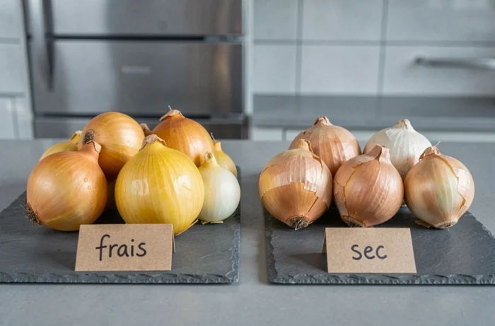 Comparaison côte à côte d'oignons frais et d'oignons secs sur un plan de travail gris, illustrant la différence de poids et de texture
