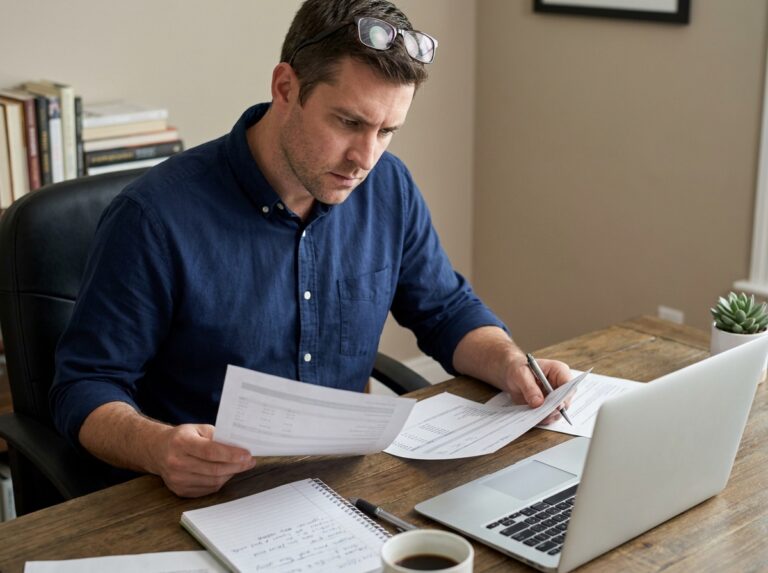 Freelance comparant deux documents financiers sur son bureau pour analyser la différence de salaire selon le statut professionnel