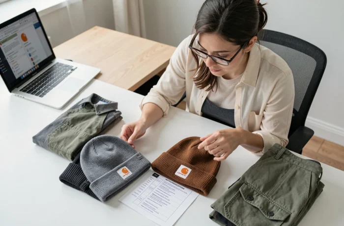 Femme comparant deux bonnets Carhartt côte à côte sur un bureau pour distinguer le modèle authentique du faux et éviter les contrefaçons