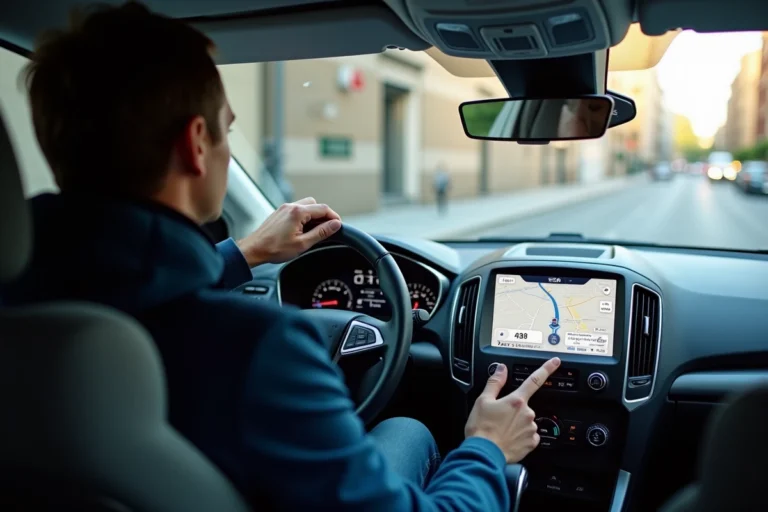 Conducteur Ford interagissant avec l'écran de navigation connectée sur le tableau de bord d'un SUV Ford moderne