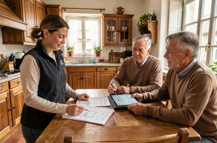 Conseillère en chauffage présentant des options à un couple de propriétaires bruxellois lors d'une consultation à domicile