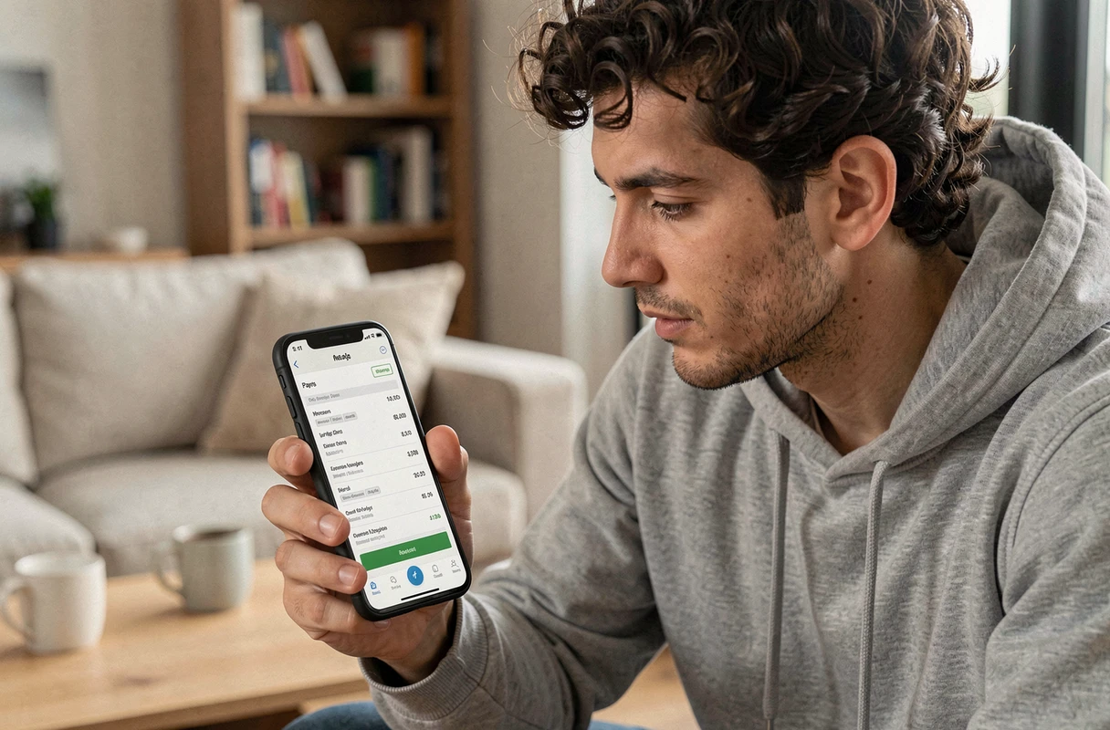 Junger Mann, der eine alte Gehaltsabrechnung auf seinem Smartphone über die mobile Arkevia-App einsehen kann
