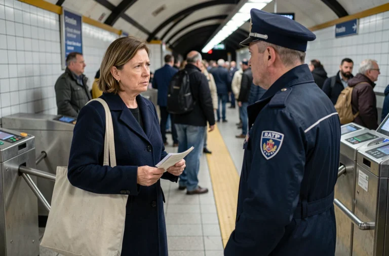 Femme contestant une amende RATP face à un contrôleur dans une station de métro parisienne