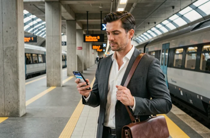 Homme consultant une procédure de contestation d'amende RATP sur smartphone sur un quai de RER parisien