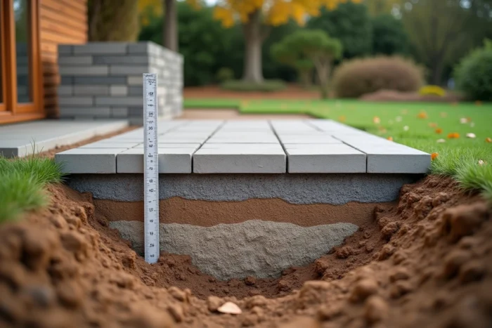 Coupe transversale d'une excavation montrant les couches de gravier, sable et géotextile pour une terrasse enterrée