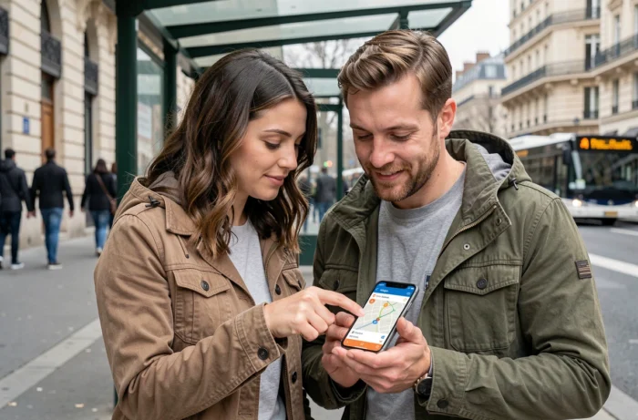 Couple regardant une carte interactive des zones Navigo sur smartphone à un arrêt de bus parisien