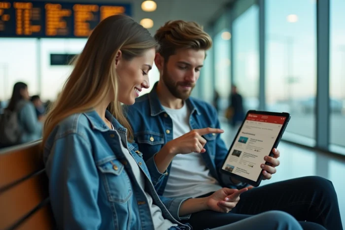 Couple de voyageurs consultant le plan du site d'une agence de voyage sur une tablette dans un aéroport