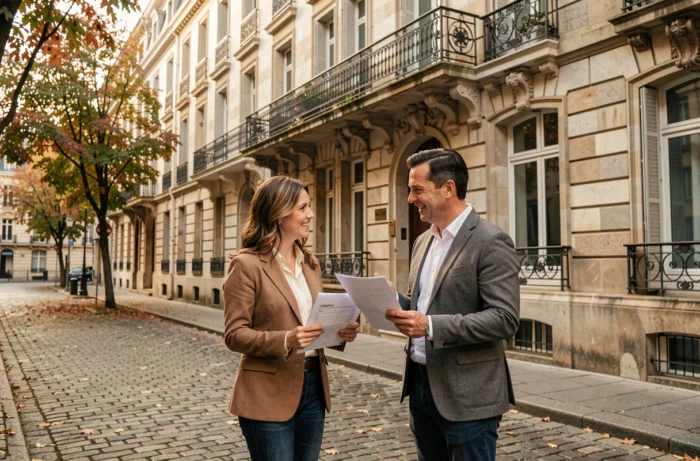 Couple consultant une estimation immobilière gratuite devant un immeuble typique du quartier lyonnais