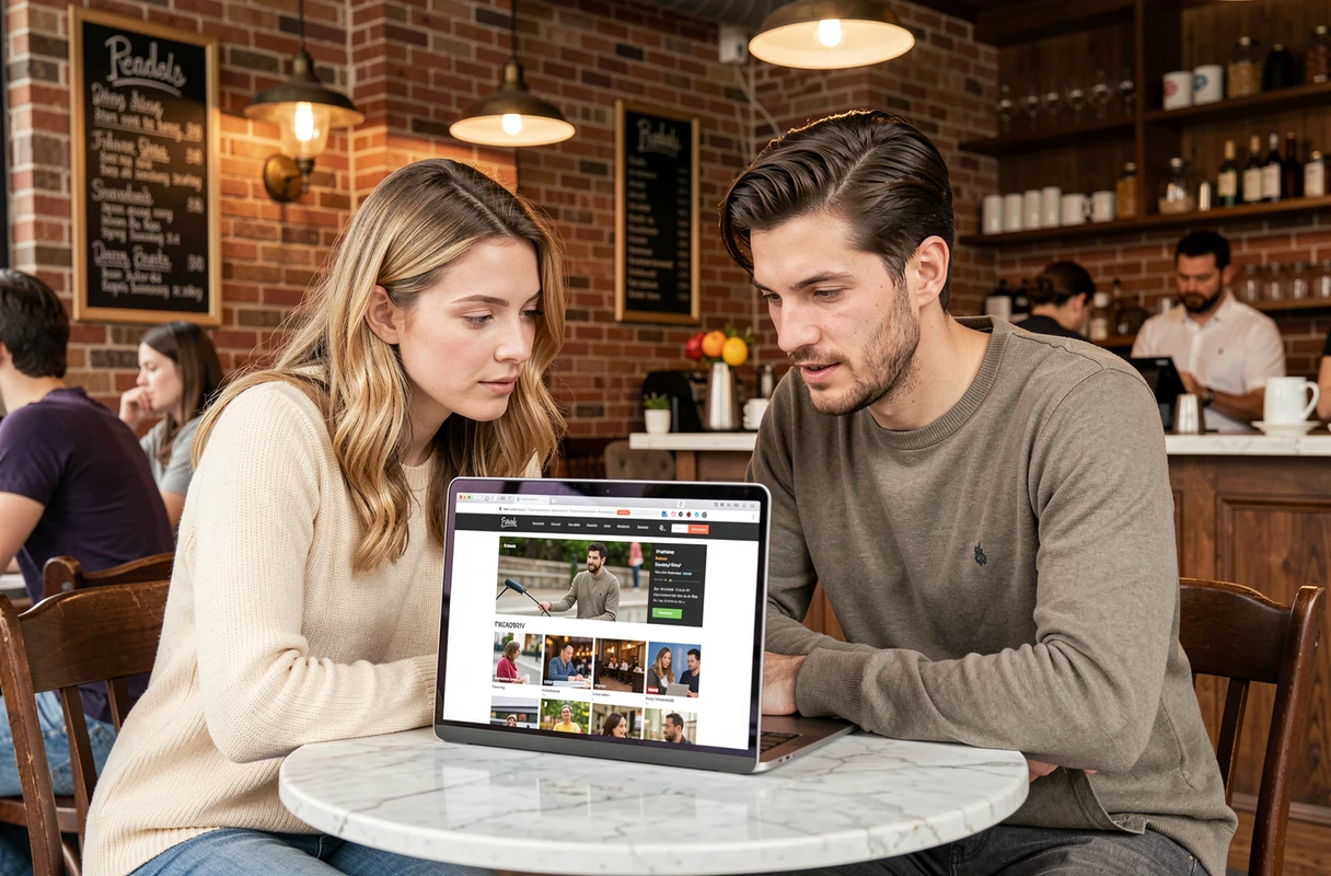 Couple discutant des informations du jour devant un ordinateur portable dans un café parisien
