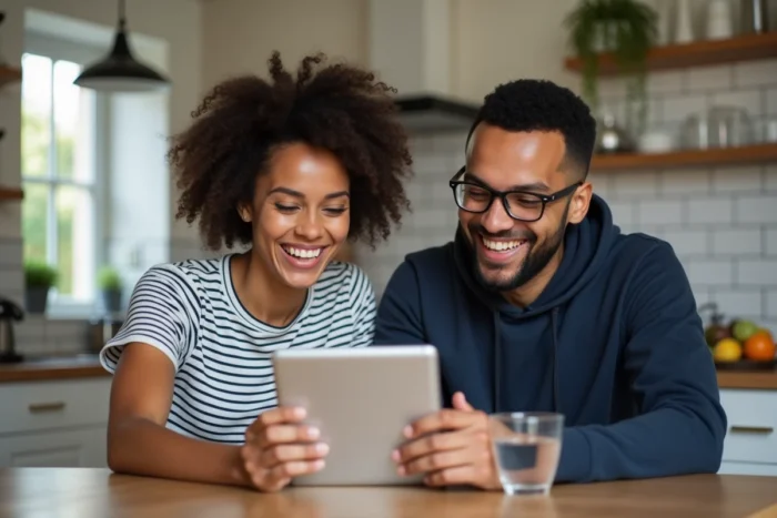 Couple profitant d'une offre internet exclusive à la maison en regardant du contenu sur une tablette dans leur cuisine