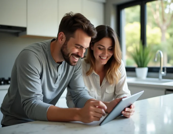 Couple cherchant une agence immobilière en ligne sur une tablette dans leur cuisine moderne