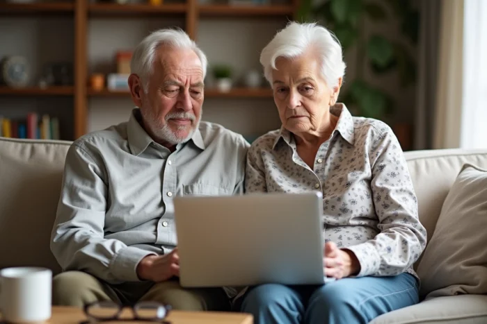 Couple de retraités consultant en ligne les offres de mutuelle senior sur un ordinateur portable dans leur salon