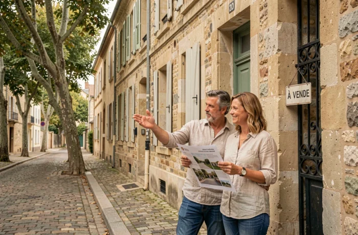 Pareja visitando una casa de piedra en venta en una calle residencial francesa, sosteniendo una ficha de propiedad inmobiliaria