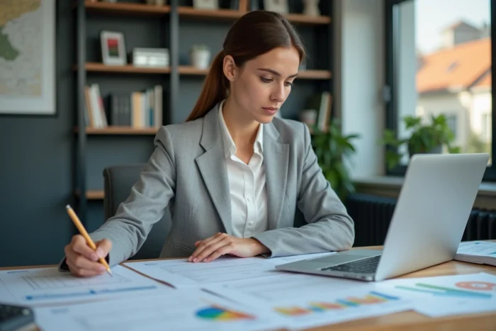 Courtière immobilière comparant des offres de prêt immobilier dans un bureau professionnel à Cholet