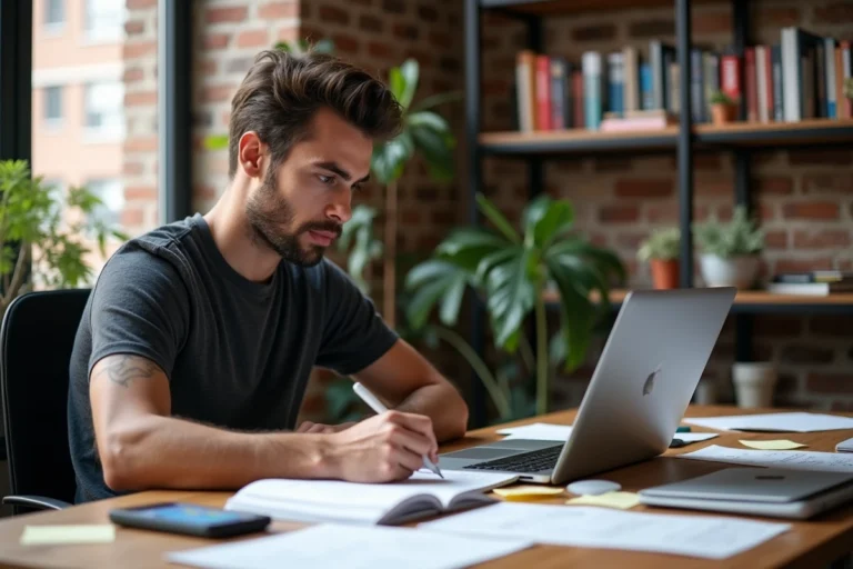 Jeune entrepreneur tech travaillant sur le concept d'une application de partage de photos dans un bureau à domicile de San Francisco