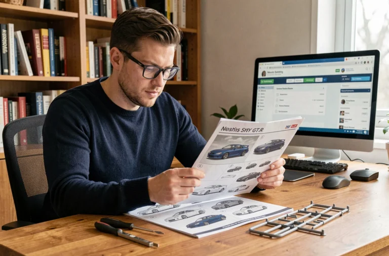 Homme assemblant un modèle réduit Nissan Skyline GT-R Altaya à son bureau avec guide de montage et compte en ligne