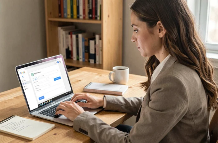 Une femme crée la fiche Google Business de sa laverie automatique sur un ordinateur portable, en renseignant les informations de l'établissement avant le jour d'ouverture.