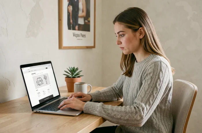 Femme développant un site web performant sur son ordinateur portable dans un bureau moderne