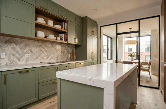 Cuisine sur mesure rénovée avec des placards modulaires vert sauge et un îlot central en quartz dans un appartement contemporain
